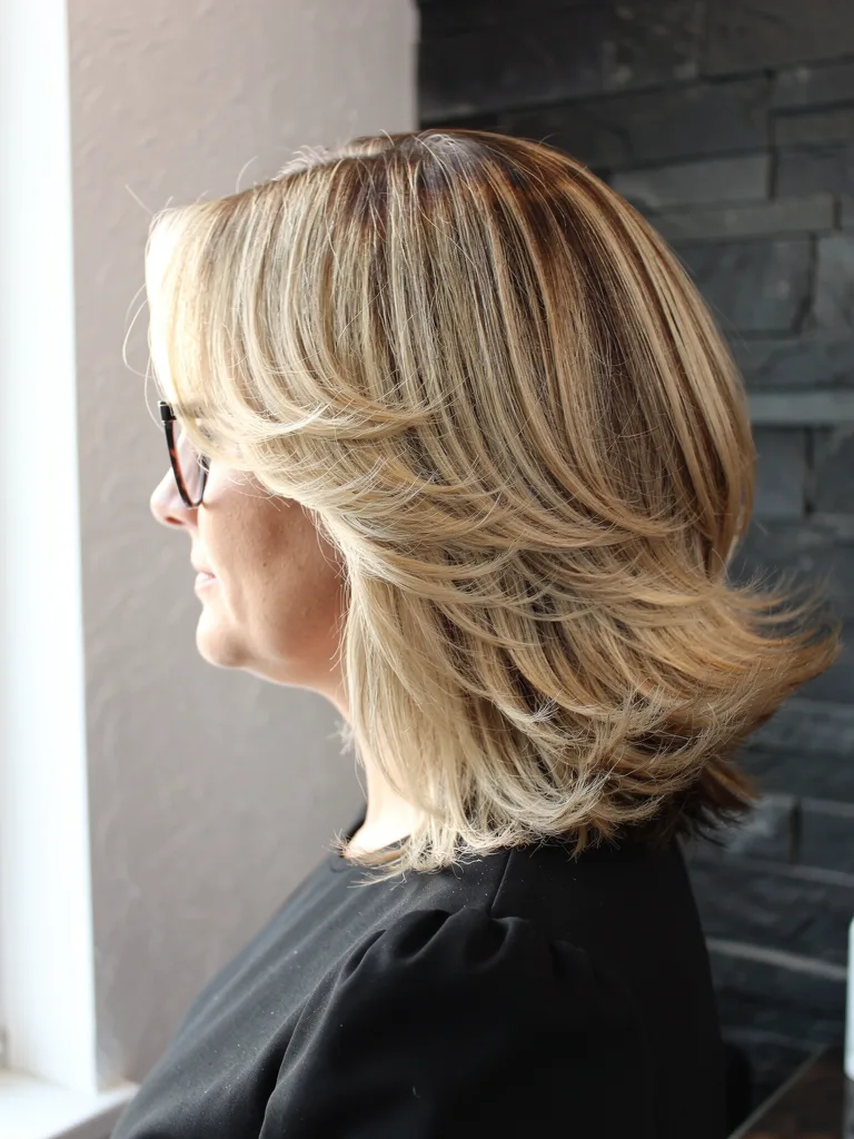 Feathered Shoulder-Length Layers with Honey Blonde Highlights